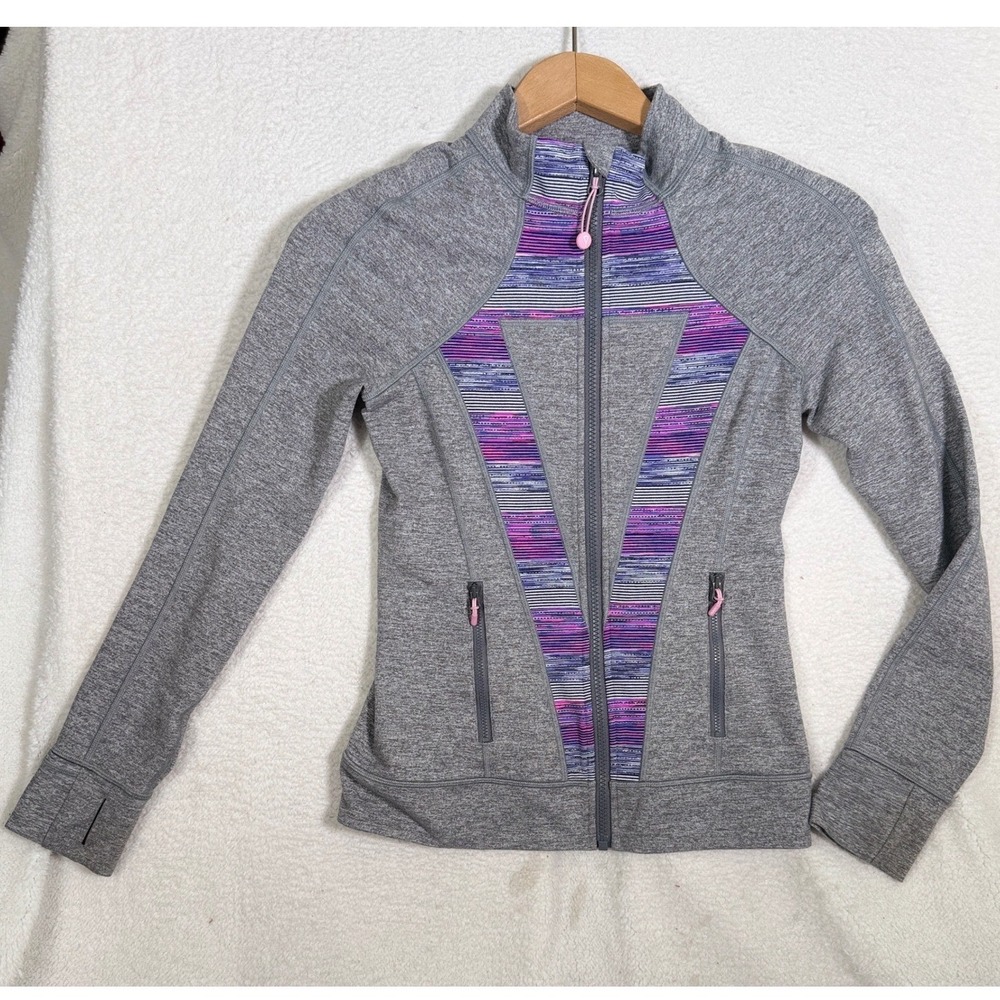 Ivivva Lululemon Girls Gray Purple Full Zip Athletic Jacket Thumbholes‎ Size 14